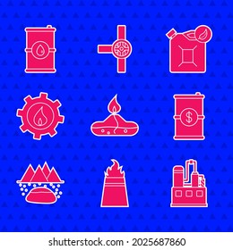 Set Alcohol or spirit burner, Oil rig with fire, industrial factory building, Barrel oil dollar, Oilfield, Bio fuel canister and  icon. Vector