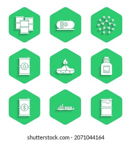 Set Alcohol or spirit burner, Oil tanker ship, Barrel oil leak, petrol test tube, with dollar, Molecule and  icon. Vector