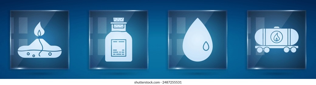 Set Alcohol or spirit burner, Oil petrol test tube, Oil drop and Oil railway cistern. Square glass panels. Vector