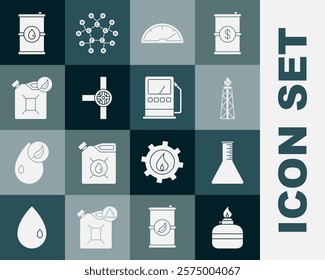 Set Alcohol or spirit burner, Oil petrol test tube, rig with fire, Speedometer, Industry pipes and valve, Bio fuel canister, Barrel oil and Petrol gas station icon. Vector