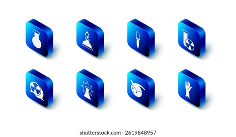 Set Alcohol or spirit burner, Pipette, Test tube radiation, Medical rubber gloves, and flask, Chemical explosion, Radioactive and  icon. Vector