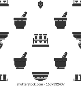 Set Alcohol or spirit burner, Test tube and flask chemical and Mortar and pestle on seamless pattern. Vector