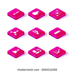 Set Alcohol or spirit burner, Test tube, Molecule, CO2 emissions in cloud, Microscope, Atom and  icon. Vector