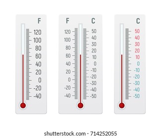 Set of alcohol thermometer vector illustration. Temperature measurement in degrees Celsius and Fahrenheit.
