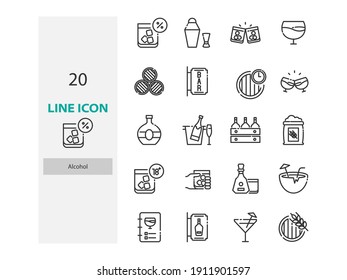set of alcohol thin line icons, cocktail, pub, bar, drinks, 