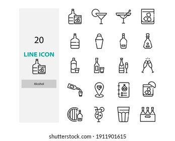 set of alcohol thin line icons, cocktail, pub, bar, drinks, 