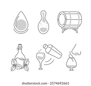 Set of alcoholic beverage production process icons, water drop, yeast cell, distillation and barrel aging, herbal infusion, mixing in cocktail, tasting in line style.