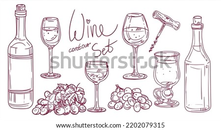 A set from the alcoholic beverages circuit. Bottles of wine, glasses, bunches of grapes, corkscrew. Suitable for kitchen illustration in bars, restaurants, cafes. For menus and printed products.