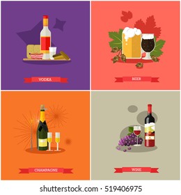 Set of alcoholic beverages concept banners, posters. Champagne, beer, wine and vodka design templates, vector illustration in flat style