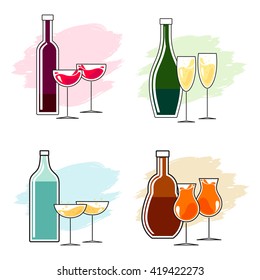 Set of alcoholic beverages - one bottle and two glasses. Simple line design. Vector.