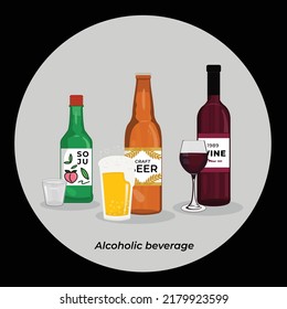Set Alcoholic Beverages Soju, Beer, Wine And Drinking Glass Design On Black Background