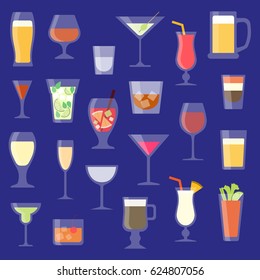 Set of alcoholic beverages vector illustration. Drinks and cocktails in glassware. Bar. 