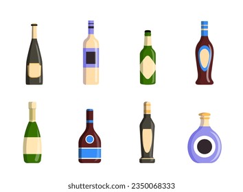 Set of alcoholic bottles. Wine, champagne and whiskey, beer. Alcohol and beverage in glass bottles. Elegant drinks and cocktails. Cartoon flat vector collection isolated on white background