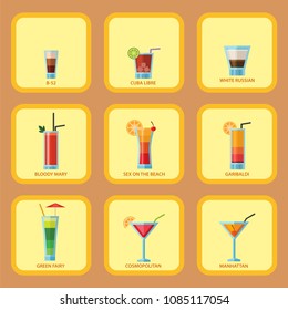 Set of alcoholic cocktails cards fruit cold drinks tropical cosmopolitan freshness party alcohol sweet tequila vector illustration.