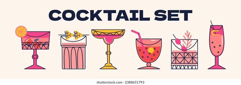 Set of alcoholic cocktails in a cartoon retro style in glasses of different shapes. Author's classic summer drinks, aperitif. Hippie groovy drinks hand drawn