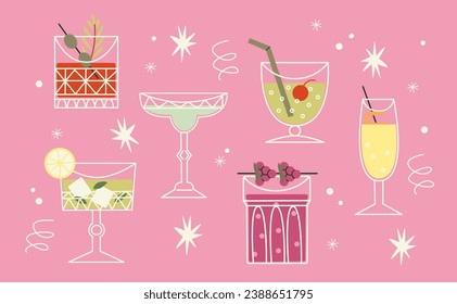 Set of alcoholic cocktails in a cartoon retro style in glasses of different shapes. Author's classic summer drinks, aperitif. Hippie groovy drinks hand drawn