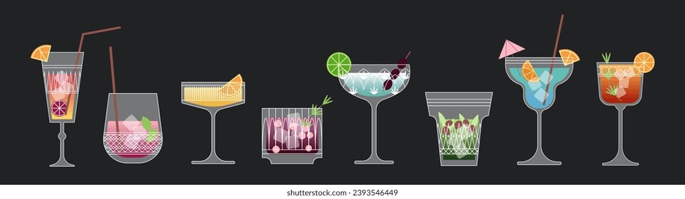 Set alcoholic cocktails in a cartoon retro style in glasses of different shapes. Author's classic summer drinks, aperitif. Hippie groovy drinks hand drawn	