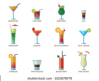 Set of alcoholic cocktails fruit cold drinks tropical cosmopolitan freshness collection and party alcohol sweet tequila vector illustration.