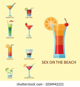 Set of alcoholic cocktails fruit cold drinks tropical cosmopolitan freshness collection and party alcohol sweet tequila vector illustration.