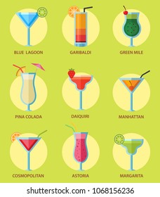 Set of alcoholic cocktails fruit cold drinks tropical cosmopolitan freshness collection and party alcohol sweet tequila vector illustration.