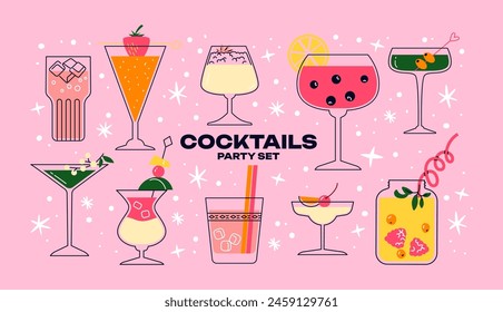 Set alcoholic cocktails in glasses in cartoon retro style of different shapes. Classic summer drinks, aperitif. Hippie groovy drinks hand drawn	