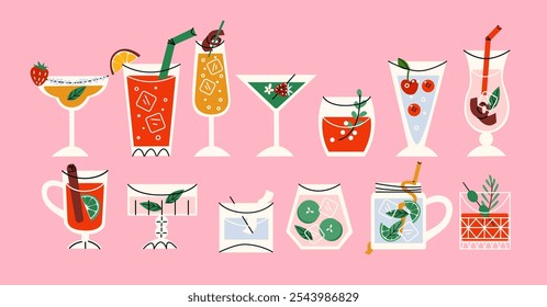 Set alcoholic cocktails in glasses in cartoon retro style of different shapes. Classic summer drinks, aperitif. Hippie groovy drinks hand drawn	
