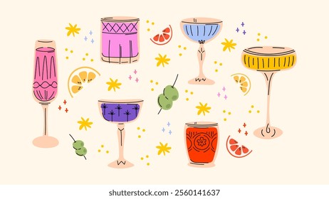 Set alcoholic cocktails in glasses in cartoon retro style of different shapes. Classic summer drinks, aperitif. Hippie groovy drinks hand drawn