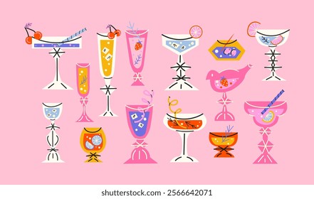 Set alcoholic cocktails in glasses in cartoon retro style of different shapes. Classic summer drinks, aperitif. Hippie groovy drinks hand drawn	