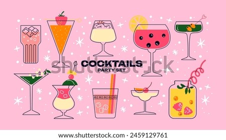 Set alcoholic cocktails in glasses in cartoon retro style of different shapes. Classic summer drinks, aperitif. Hippie groovy drinks hand drawn	