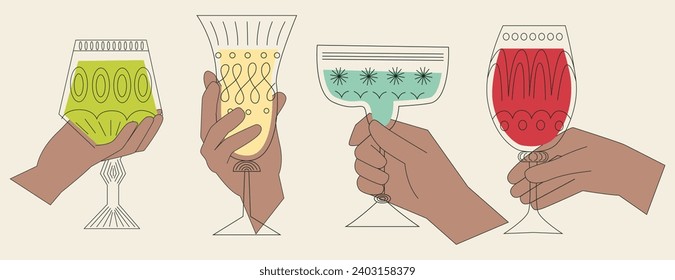 A set of alcoholic cocktails in glasses of different shapes. Hands hold drinks in different types of vintage glasses. Linear vector illustration. Cartoon retro style