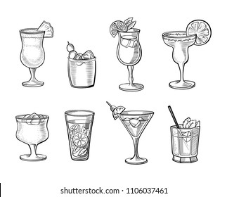 Set of alcoholic cocktails hand drawn vector illustrations. Vintage cocktails with ice, with orange, beverages for bar or pub menu. Alcohol cocktails in glass isolated on white background