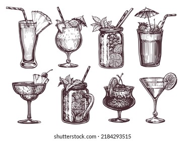 Set alcoholic cocktails. Hand drawn sketch style drinks for restaurant or bar menu. Vector engraving illustration