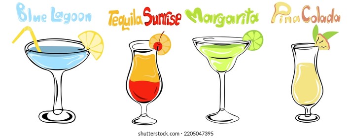 Set of alcoholic cocktails. Hand drawn glasses of blue lagoon, tequila sunrise, margarita and pina colada. Vector illustration. Contour element