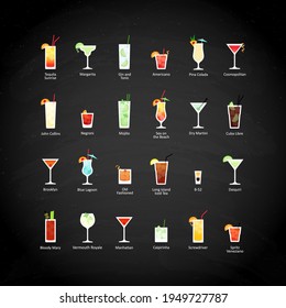 Set of alcoholic cocktails icons in flat style on black chalkboard. Vector