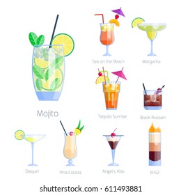 Set of alcoholic cocktails isolated fruit cold drinks tropical cosmopolitan freshness collection and party alcohol sweet tequila vector illustration.