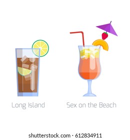 Set of alcoholic cocktails, isolated fruit cold drinks vector illustrations.
