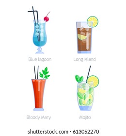 Set of alcoholic cocktails isolated fruit cold drinks tropical cosmopolitan freshness collection and party alcohol sweet tequila vector illustration.