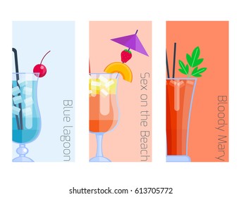 Set of alcoholic cocktails isolated fruit cold drinks tropical cosmopolitan freshness collection and party alcohol sweet tequila vector illustration.