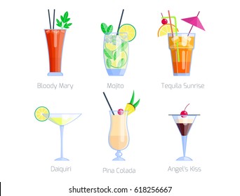 Set of alcoholic cocktails isolated fruit cold drinks tropical freshness collection and party alcohol sweet tequila vector illustration.