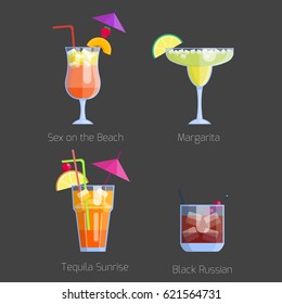 Set of alcoholic cocktails isolated fruit cold drinks tropical cosmopolitan freshness collection and party alcohol sweet tequila vector illustration.