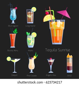 Set of alcoholic cocktails isolated fruit cold drinks tropical cosmopolitan freshness collection and party alcohol sweet tequila vector illustration.