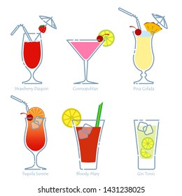 Set of alcoholic cocktails isolated on white background. Strawberry Daiquiri, Cosmopolitan, Pina Colada, Tequila Sunrise, Bloody Mary, Gin Tonic. Vector illustration in flat style.