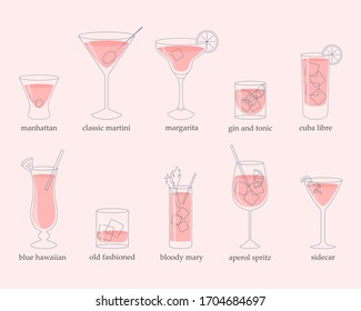 Set of alcoholic cocktails isolated on pink background. Cocktail set. Vector eps10