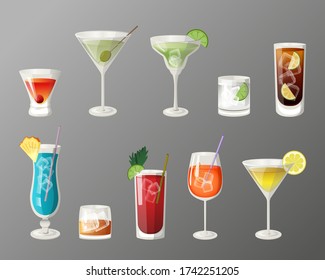 Set of alcoholic cocktails isolated on grey background. Cocktail set. Vector eps10