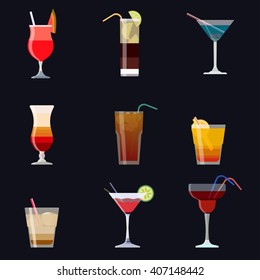 Set of alcoholic cocktails isolated on black background. Cocktail set. Vector eps10 