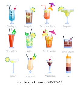 Set of alcoholic cocktails isolated on white background. Holidays club party summer cocktails mixed glasses. Different drink recipe design elements