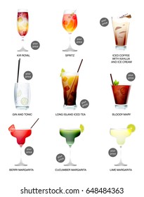 Set of alcoholic cocktails with price tags. Isolated on white background. Vector illustration