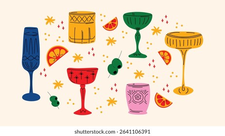 Set of alcoholic cocktails in retro cartoon glasses. Classic summer aperitifs and fun drinks in hippie groovy hand-drawn style. Perfect for party and vacation designs