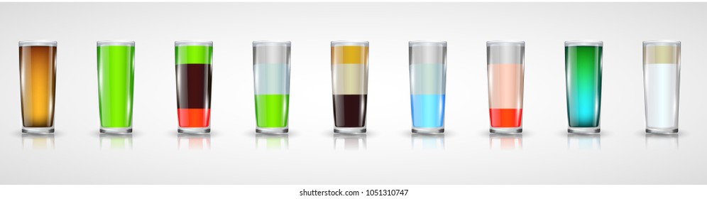 Set of alcoholic cocktails in shot glasses (shooters) isolated on white. vector illustration