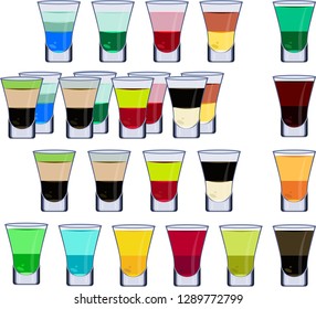 Set Of Alcoholic Cocktails In Shot Glasses On White Background, Vector Art. Colorful Liquid For The Bar Menu.